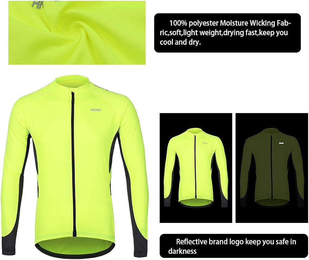 ARSUXEO Men's Full Zipper Long Sleeves Cycling Jersey Bicycle MTB Bike Shirt 6030 : Clothing