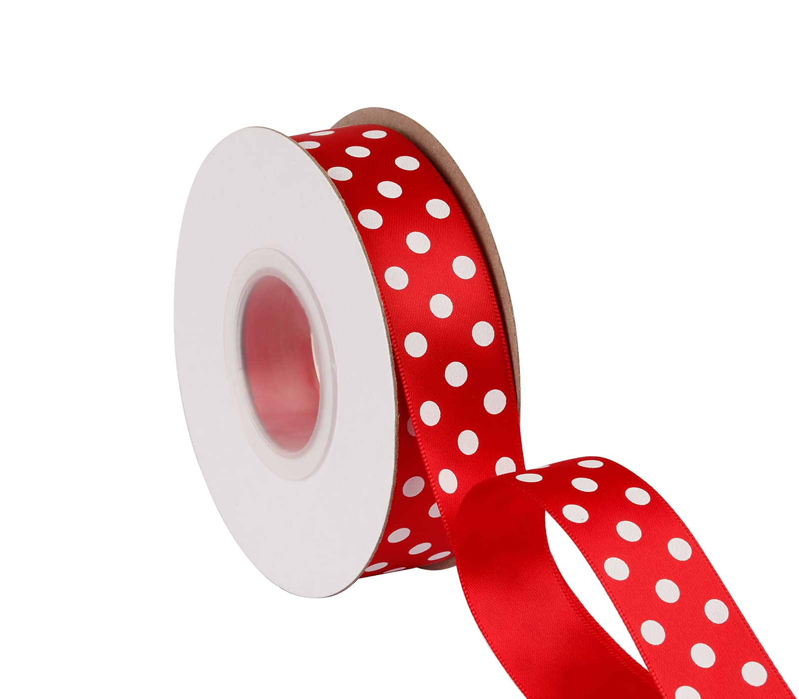 Joycrosso 25mm Wide Dots Printed Satin Ribbon, Satin Ribbon with White Dots, Ideal for Hair Bows Gift Wrapping and Crart, 22 Meters-Roll (Red)