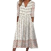 Akivide Womens Summer Boho V Neck Floral Print Half Sleeve Dress Casual Button Midi Dresses for Women with Pockets 2024
