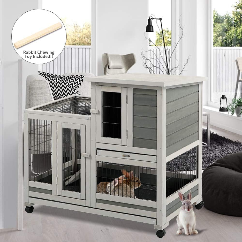 oneinmil Rabbit Hutch Indoor Bunny Hutch with Run Outdoor Small Animal Cage with Two Deeper No Leak Trays - 4 Casters Include