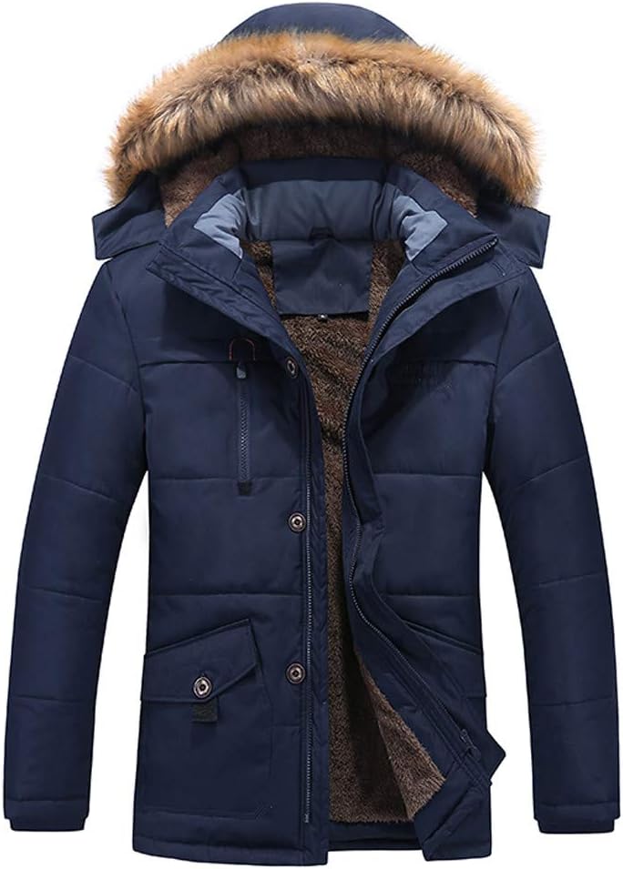 HKDGID Mens Winter Warm Military Jacket Coats Faux Fur Lined Solid Blouse Overcoat Outwear with Hood Pocket Plus Size