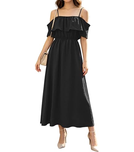 Rainday Womens Off The Shoulder Maxi Dresses Summer Casual Sun Dress(Z3912BK,S) at Amazon Women's Clothing store