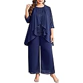 CYCLAMEN Women's Plus Size 3 Piece Pantsuit Formal Wedding Guest Mother of The Bride Groom Lace Chiffon Elegant Outfit