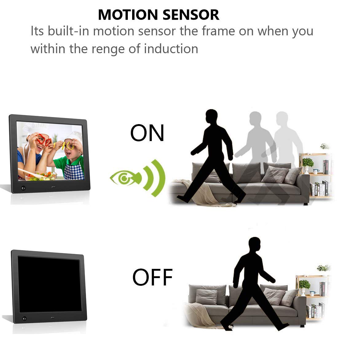 Digital Picture Frame 8 inch, Digital Photo Frame Video Player with Motion Sensor Smart Electronics Picture Frame High Resolution 1024x768 IPS LCD/1080P 720P /Stereo/MP3/Calendar/Time/Remote Control