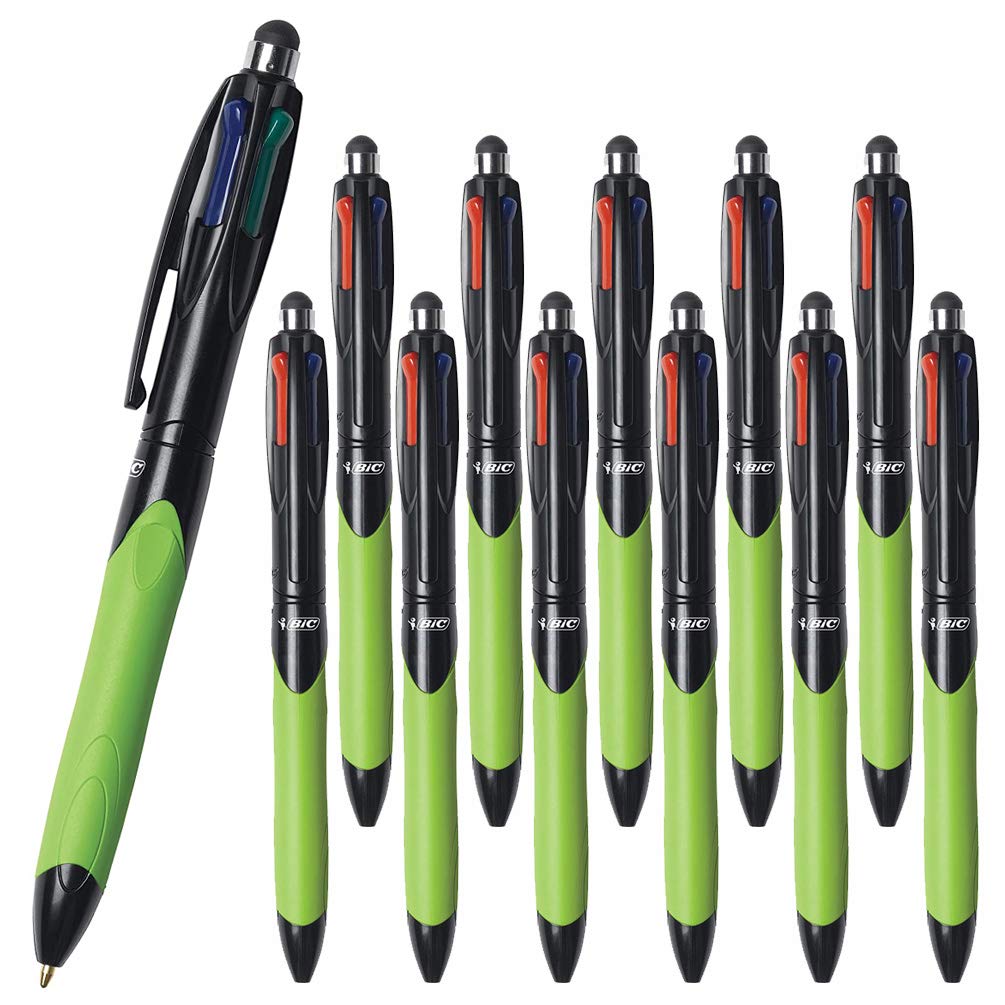 12 x BIC 4-Colour Retractable Ballpoint Pens with Ergonomic Grip & Stylus, 0.4mm Nib, Black, Blue, Red & Green Ink Colours (OEM Packed - Non-Retail Packaging)