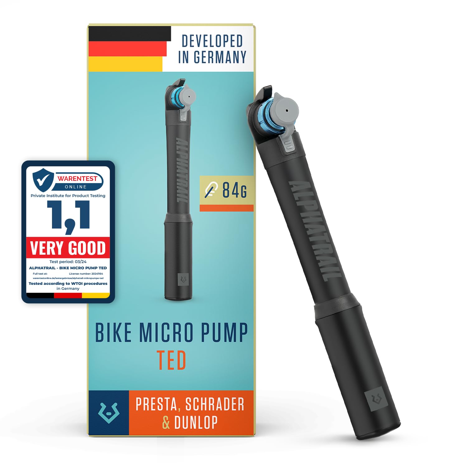 Alphatrail Micro Bike Pump Ted - For all Valves 120 PSI / 8.3 Bar maximum Pressure I Efficient Telescope function I CNC machined aluminium bicycle pump I Bike pump for Presta, Schrader & DV Valve