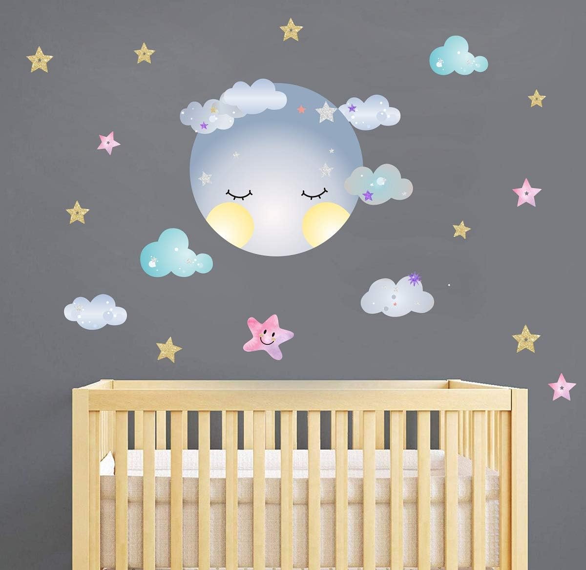 Amazon Com Moon Sticker Clouds Wall Decals Stars Wall Decals Kids Room Wall Decor Smiling Clouds Wall Sticker Removable Wall Art Decor Arts Crafts Sewing