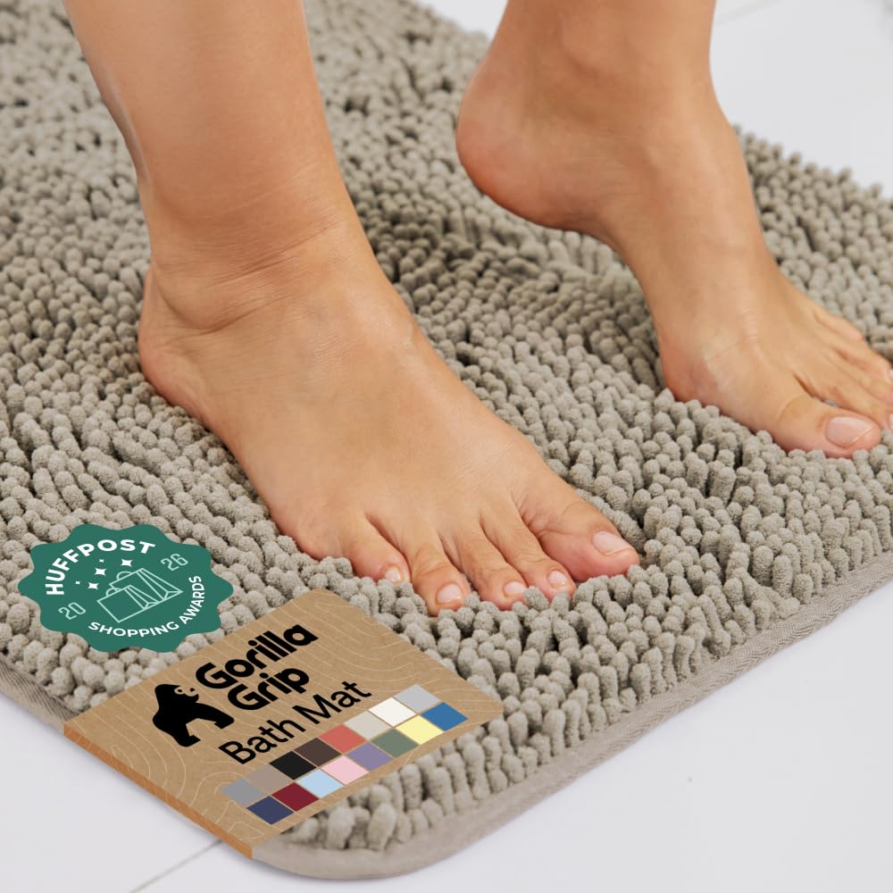 GORILLA GRIP Bath Rug Mat, Thick Soft Absorbent Chenille, Quick Dry Microfiber Mats, Rubber Backing Washable Shower Floor Rugs, US Designed Bathroom Bathmat Home Decor Accessories, 24x17, Gray Beige
