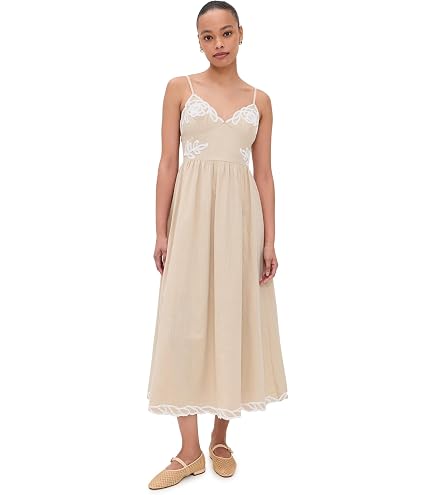 MOON RIVER Women's Square Neckline Top Mixed Media Midi Dress, Khaki, L at Amazon Women's Clothing store