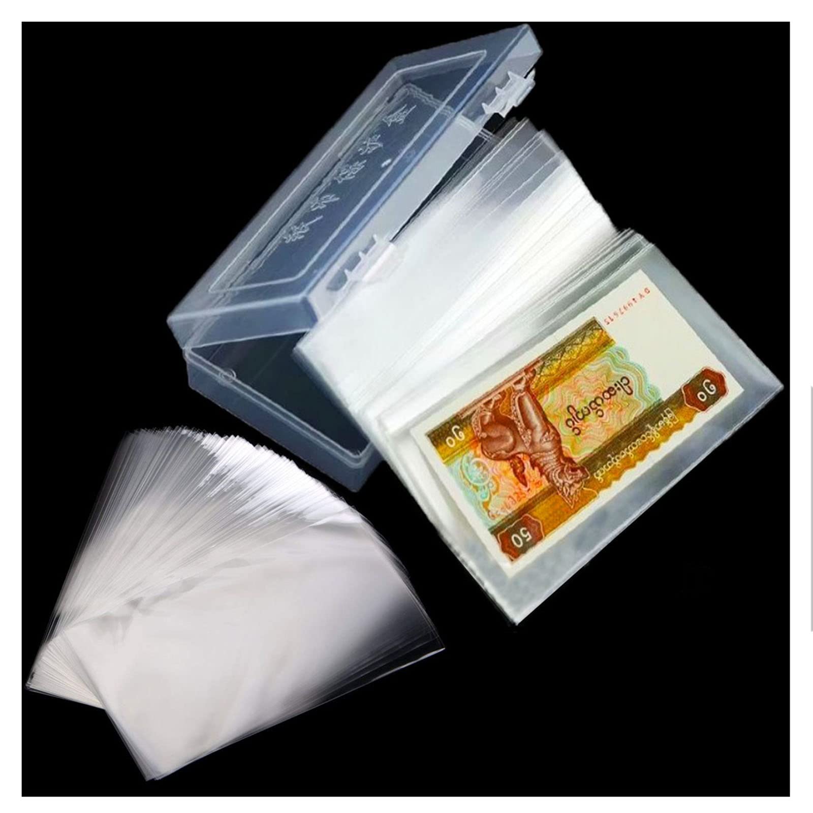 Osuter 200PCS Banknote Coin Holder Transparent Plastic Banknote Collectors with Storage Box for Collection Protection Banknote Supplies