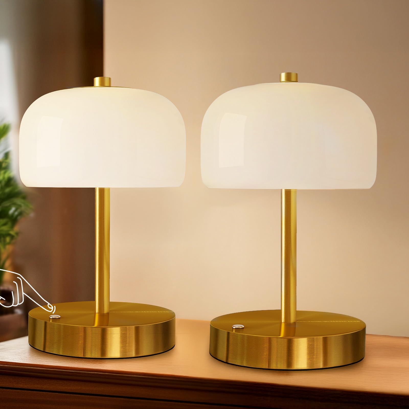 Photo 1 of ***MISSING GLASS BULB DOME COVER*** Oneach 9" Cordless Table Lamps Set of 2, Gold Rechargeable Battery Operated Lamp, 3-Way Stepless Dimming Touch Mushroom Lamps, Small Glass Nightlight for Bedroom Dining Table Living Room Shelf Decor