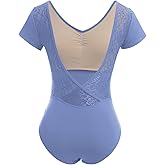 AFAVOM Dance Leotards for Women Short Sleeve Lace Ballet Leotards Mesh Lace Wrap V-backless Bodysuit Gymnastics Leotards Tops
