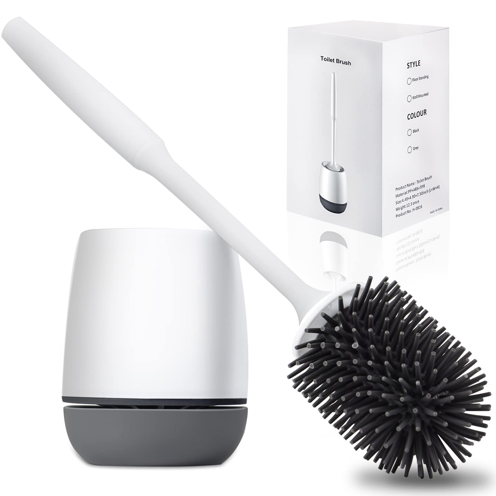 Hulameda Toilet Brush and Holder, Silicone Toilet Cleaning Brush with Quick Drying Holder, 4 x 5.5 Inches, Gray & White, (Flooring/Mounted Wall)