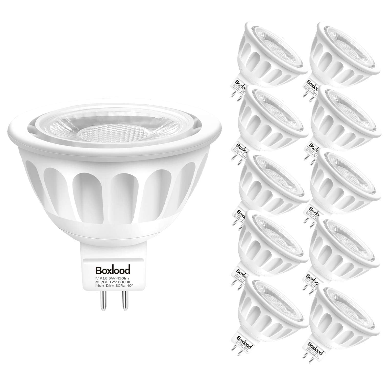 Boxlood 10 Pack MR16 LED Bulbs, 6000K Cool White Light Color, 40 Degree Beam Angle, AC/DC 12V, 5W 500lm 50W Halogen Bulb Equivalent