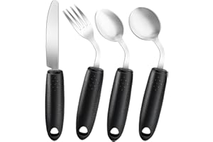 AuntyFey 4Pcs Weighted Adaptive Utensils, 45°Angled Parkinsons Utensils for Elderly, Weighted Utensils for Hand Tremors, 3.5oz Weighted Built Up Utensils for Parkinson, Disabled, Black, Right-Handed