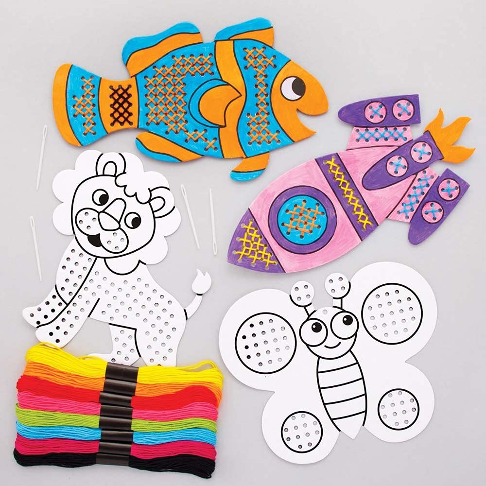 Baker Ross FE498 Colour-in Cross Stitch Kits - Pack of 8, Sewing for Beginners, Make Your Own for Kids, Cross Stitch for Children