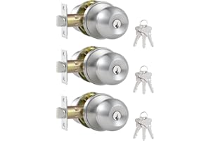 Comfhouse 3 Pack Stainless Steel Round Ball Entry Door Knob, Keyed-Alike Entrance Interior/Exterior Door Knob with Lock for B