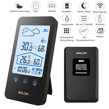 Digitales Thermometer Hygrometer MCvilla Zweckmäßig Wetterstationen Funk mit Außensensor Barometer Hintergrundbeleuchtung Uhr