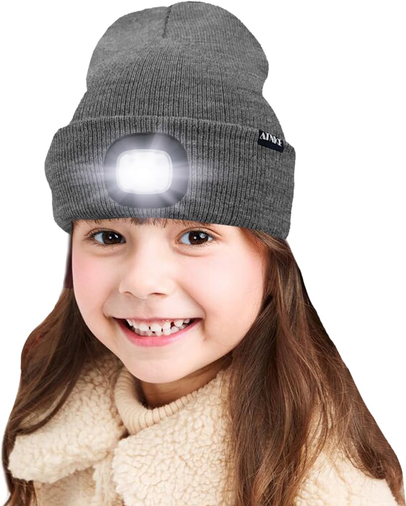 ATNKE Kids LED Lighted Beanie Cap, USB Rechargeable 4 LED Headlamp Waterproof Winter Warmer Knit Night Hats with Light for Boys Girls/Grey — image 1