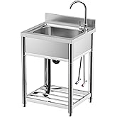 Free Standing Stainless-Steel Single Bowl Commercial Restaurant Kitchen Sink Set w/Faucet, Prep & Utility Washing Hand Basin w/Storage Shelve, laundry tub for Indoor Outdoor (22in)
