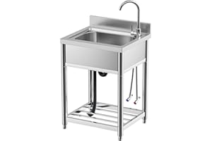 KINGBO Free Standing Stainless-Steel Single Bowl Commercial Restaurant Kitchen Sink Set w/Faucet, Prep & Utility Washing Hand Basin w/Storage Shelve, laundry tub for Indoor Outdoor (22in)