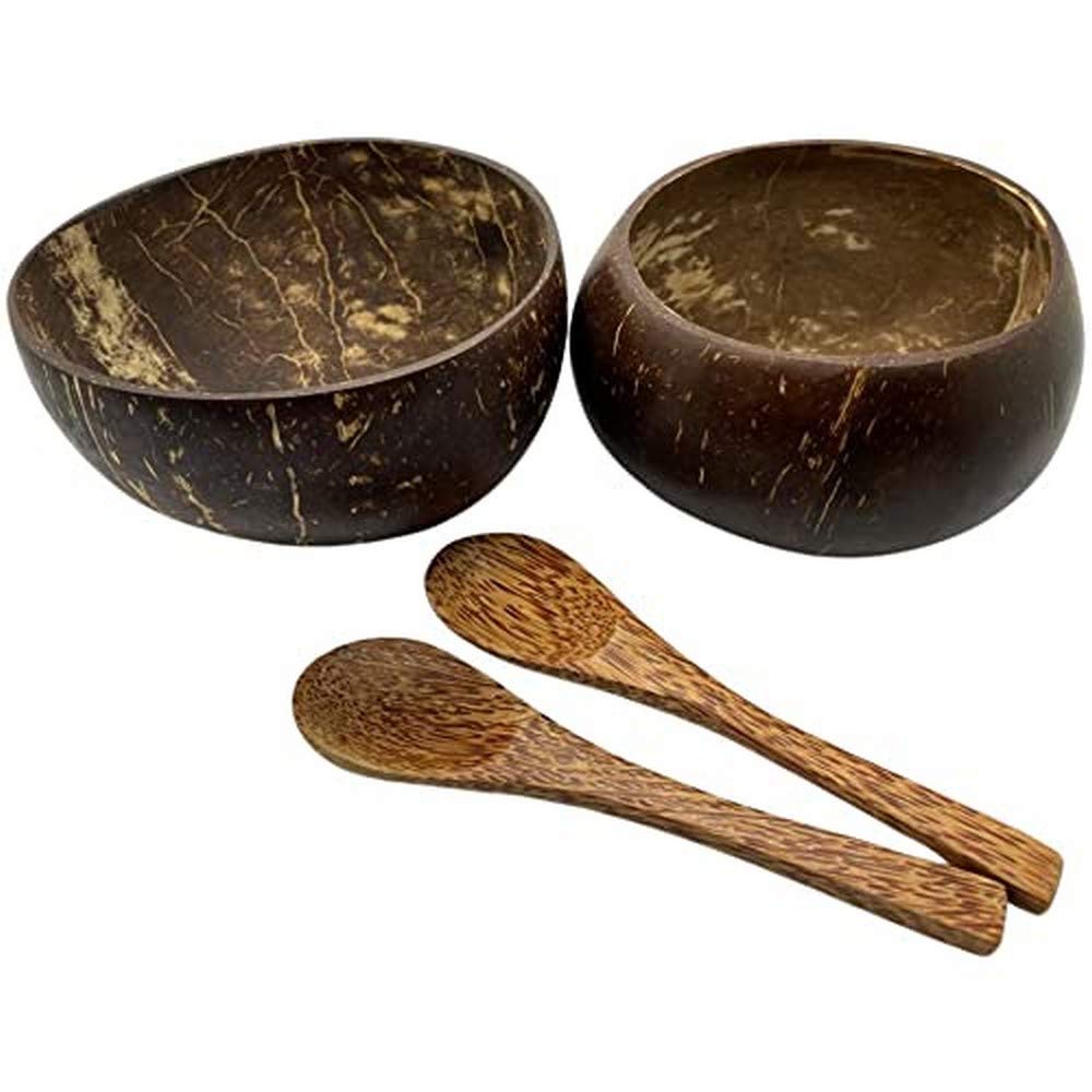 Vie Gourmet Coconut Bowls and Spoons (Set of 2)100% Natural, Hand Made,Vegan,Eco Friendly,Lightweight & Durable for Breakfast,Serving, Decoration|Beautifully Handcrafted from Reclaimed Coconut Shells