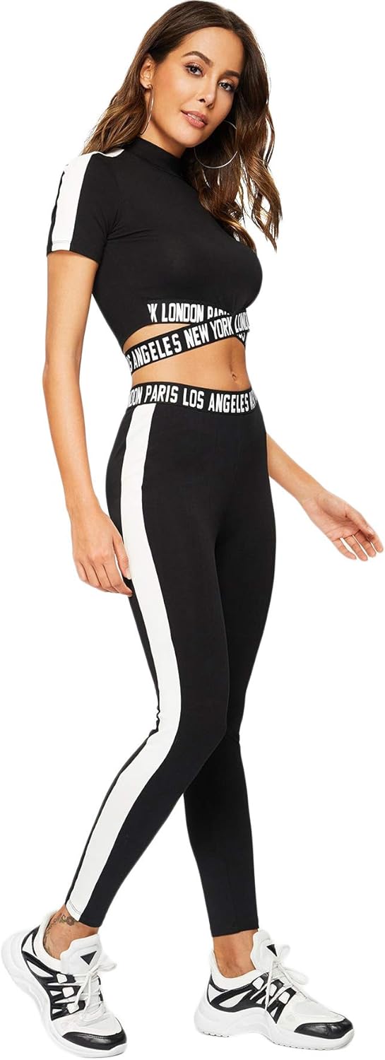 SweatyRocks Women's 2 Pieces Outfits Cropped T Shirt and Long Pants Tracksuits Set Sportwear at  Women’s Clothing store