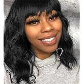 Elfairy Black Wig with Bangs Wig for Women 12in Short Bob Wavy Curly Wig Natural Black Hair Wigs Heat Resistant Hair Replacement Wigs(12'' Natural Black 1B)