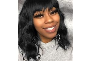 Elfairy Black Wig with Bangs Wig for Women 12in Short Bob Wavy Curly Wig Natural Black Hair Wigs Heat Resistant Hair Replacement Wigs(12'' Natural Black 1B)