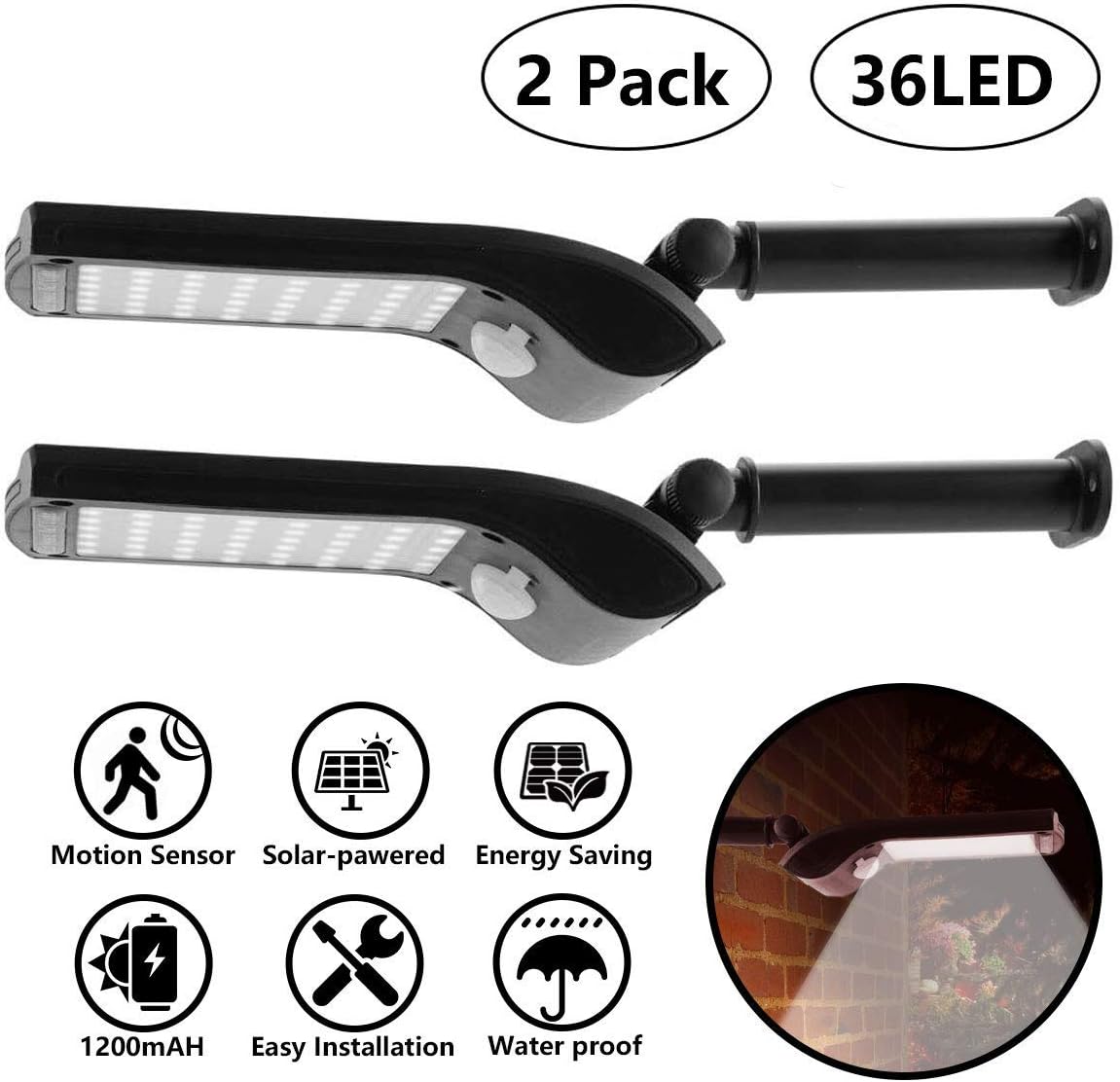Solar Lights Outdoor, 36 LED Super Bright Solar Motion Sensor Security Lights, Wireless Waterproof Wall Lights with Rotatable Installed Stents for Garden, Driveway, Yard, Walkway Lighting(2 Pack)