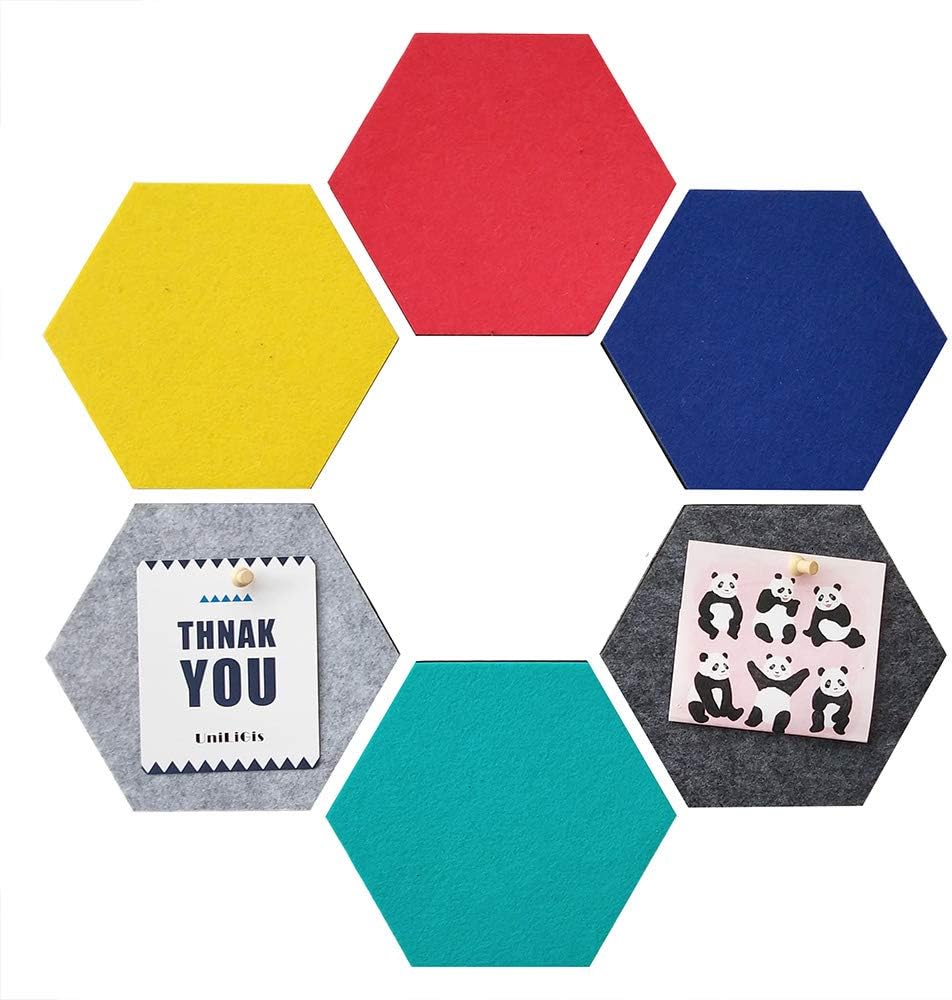 UniLiGis 6 Colors Hexagon Bulletin Board, Felt Cork Board Tiles, Pin Board Wall Decor for Photos, Memos, Display, Include 18 Pins 7x6.1x0.32 inches Group 1 : Office Products