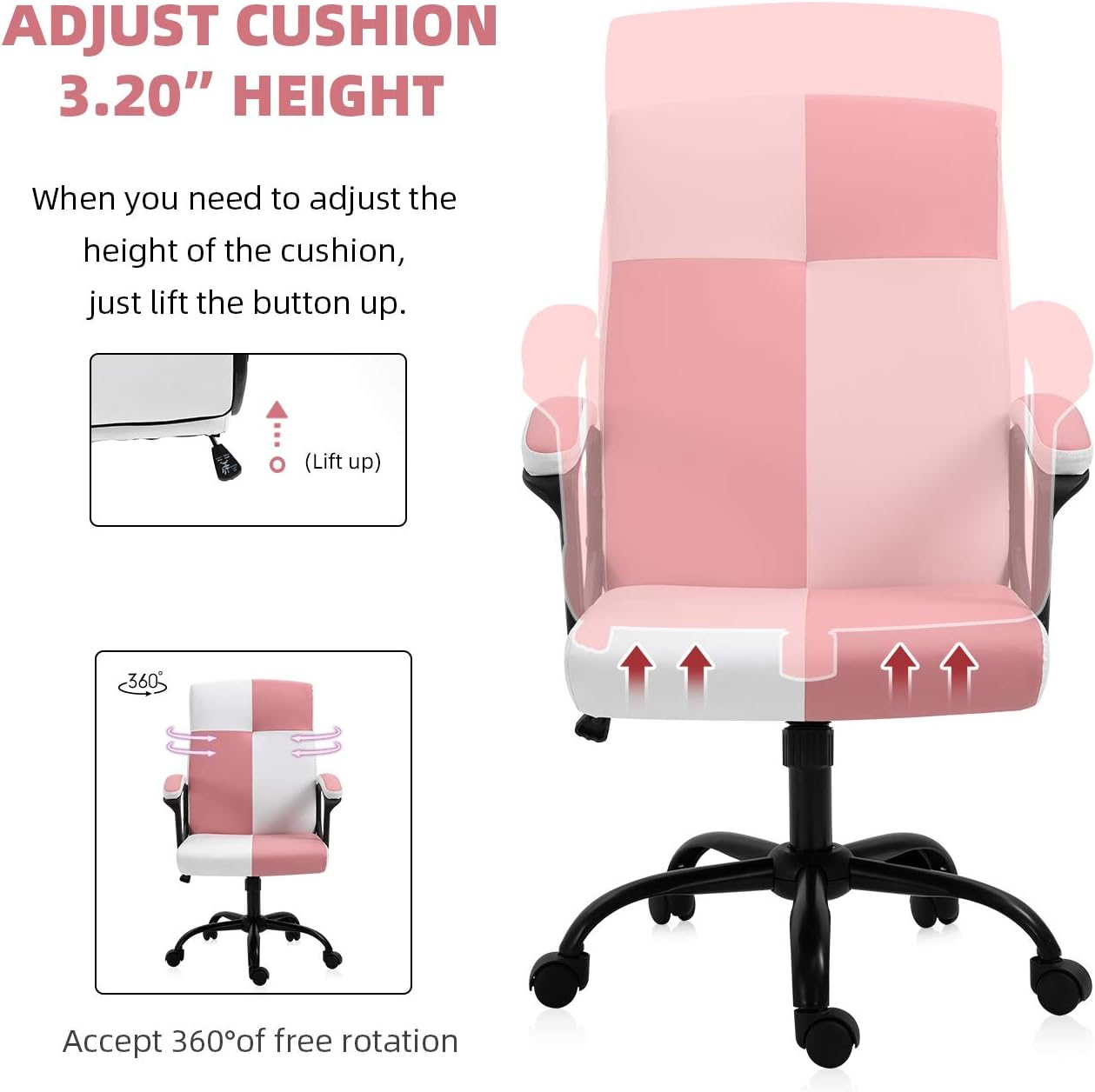 KERMS Mid-Back Ergonomic Office Faux PU Leather Chair Executive Computer Desk Chairs Managerial Executive Chairs with Metal Base and Padded Armrests (Pink & White): Kitchen & Dining