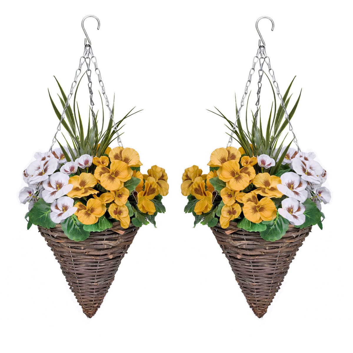 2 x Cone Shaped Hanging Baskets with Yellow & White Flowers and Decorative Grasses (Set of 2)