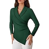 COCCKO Womens Long Sleeve Tops Dressy Casual Work Blouses Asymmetrical Slim Fit V Neck Wrap Shirts 2025