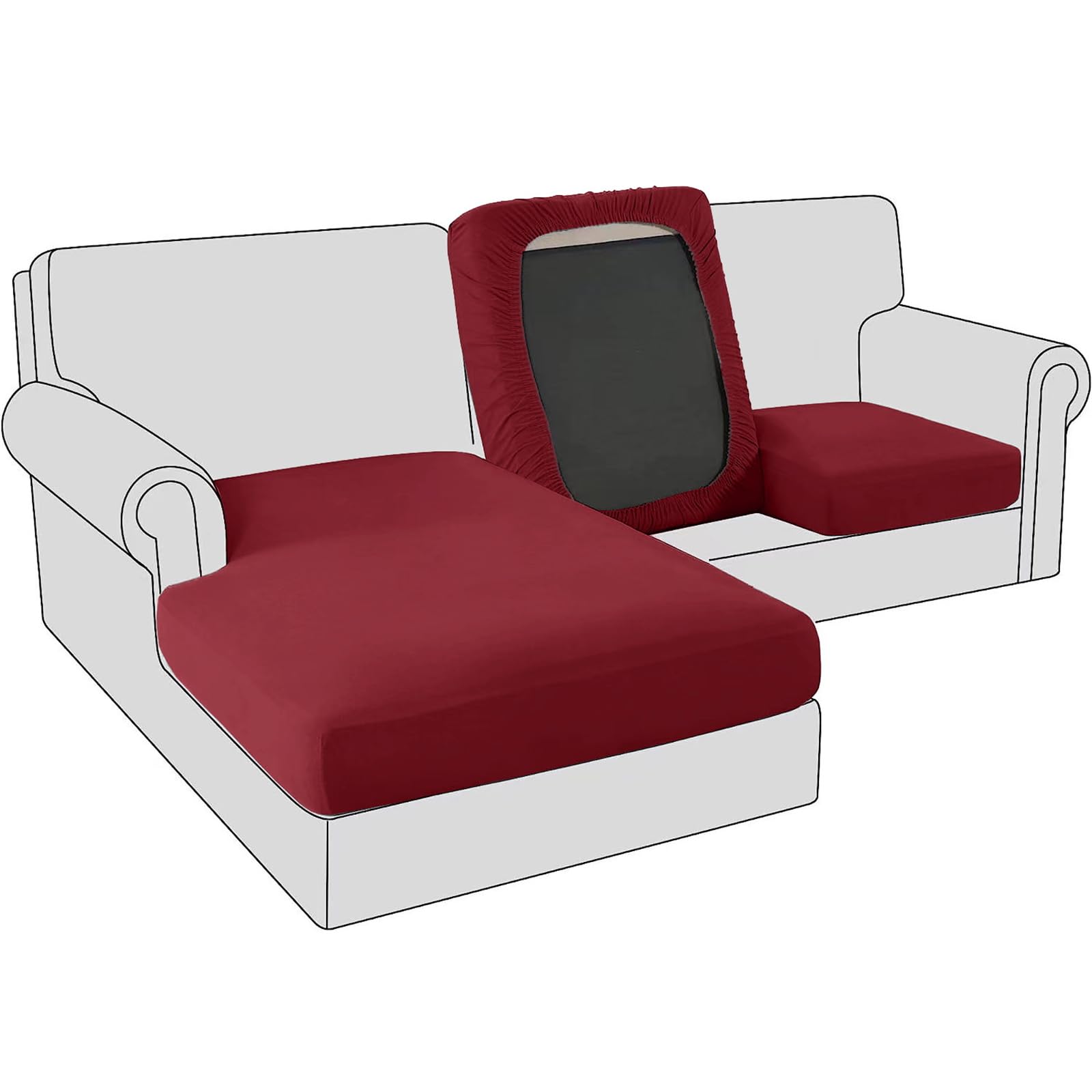 BXFUL Sofa Seat Cushion Covers, Stretch Velvet Sofa Cushion Slipcovers, Couch Cushion Covers Replacement for Individual Cushion with Elastic Fabric (Large 1-Seater,Wine Red)