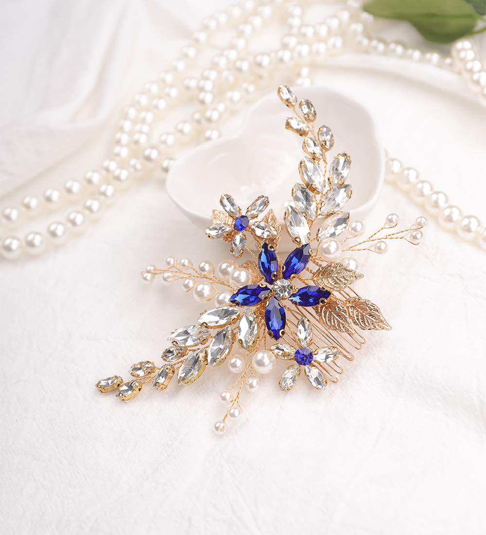 Anglacesmade Bridal Sapphire Crystal Hair Comb Pearl Blue Crystal Leaf Marquise Hair Piece Prom Party Festival Wedding Hair Accessories for Women and Girls (Gold) — image 1