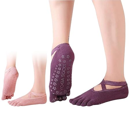Dokpav Yoga Socken 2 Paar Pilates-Socken für Damen Rutschfeste Baumwolle Sportsocken Antirutsch für Yoga Pilates Ballett Stan