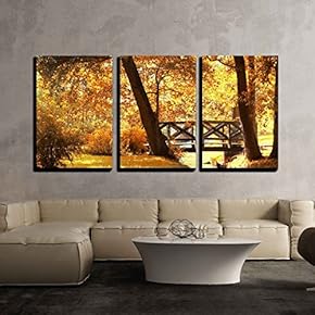 3 Piece Canvas Wall Art - Autumn Scenery. Beautiful Gold Fall in Park. - Modern Home Art Stretched and Framed Ready to Hang - 16"x24"x3 Panels