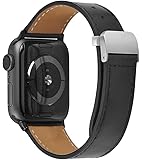 PUGO TOP Leather Strap Compatible for Apple Watch Series 5 4 40mm 44mm Series 3 2 1 38mm 42mm Replacement Wristband Sport Band for Iwatch Nike+, Edition, Stainless Steel Metal Buckle(42mm/44mm, Black)