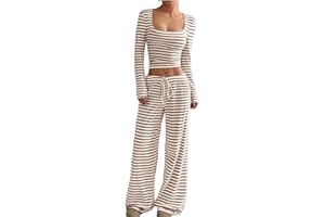 AYZIEMEZM Womens Striped 2 Piece Sets Square Neck Top Cropped Tunic Wide Leg Pants Casual Lounge Sweatsuits Vacation Clothes