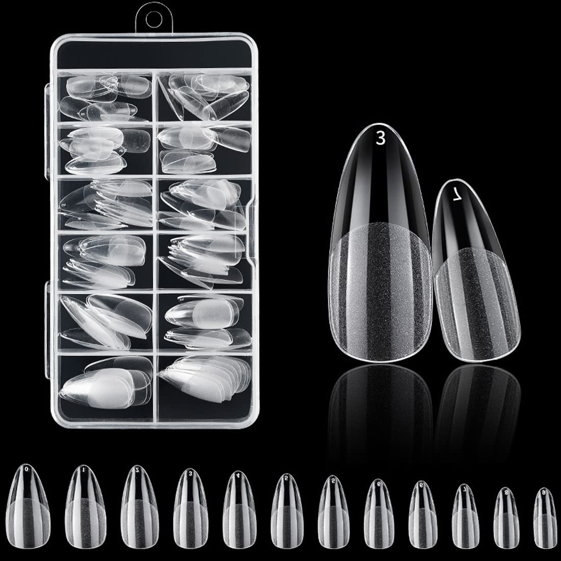 120PCS Clear Half Frosted Nails Tip Almond Acrylic Fake Nails Full Cover Artificial Nail Tips 12 Sizes Medium Length For Nail Salons and Home