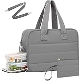 Lunch Tote Bag for Women Work, 17.3 Inch Laptop Purse with Insulated Lunch Compartment Coin Wallet for Meal, Large Puffy Quilted Travel Duffle Bag
