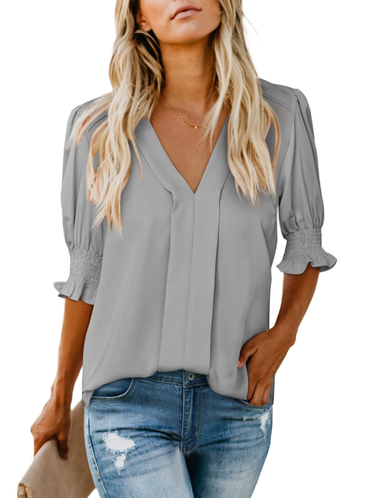 Photo 1 of (LARGE) EVALESS V Neck Blouses for Women Cute Spring Puff Short Sleeve Tops Loose Fit Solid Color Shirts with Smocked Cuffs Gray Medium