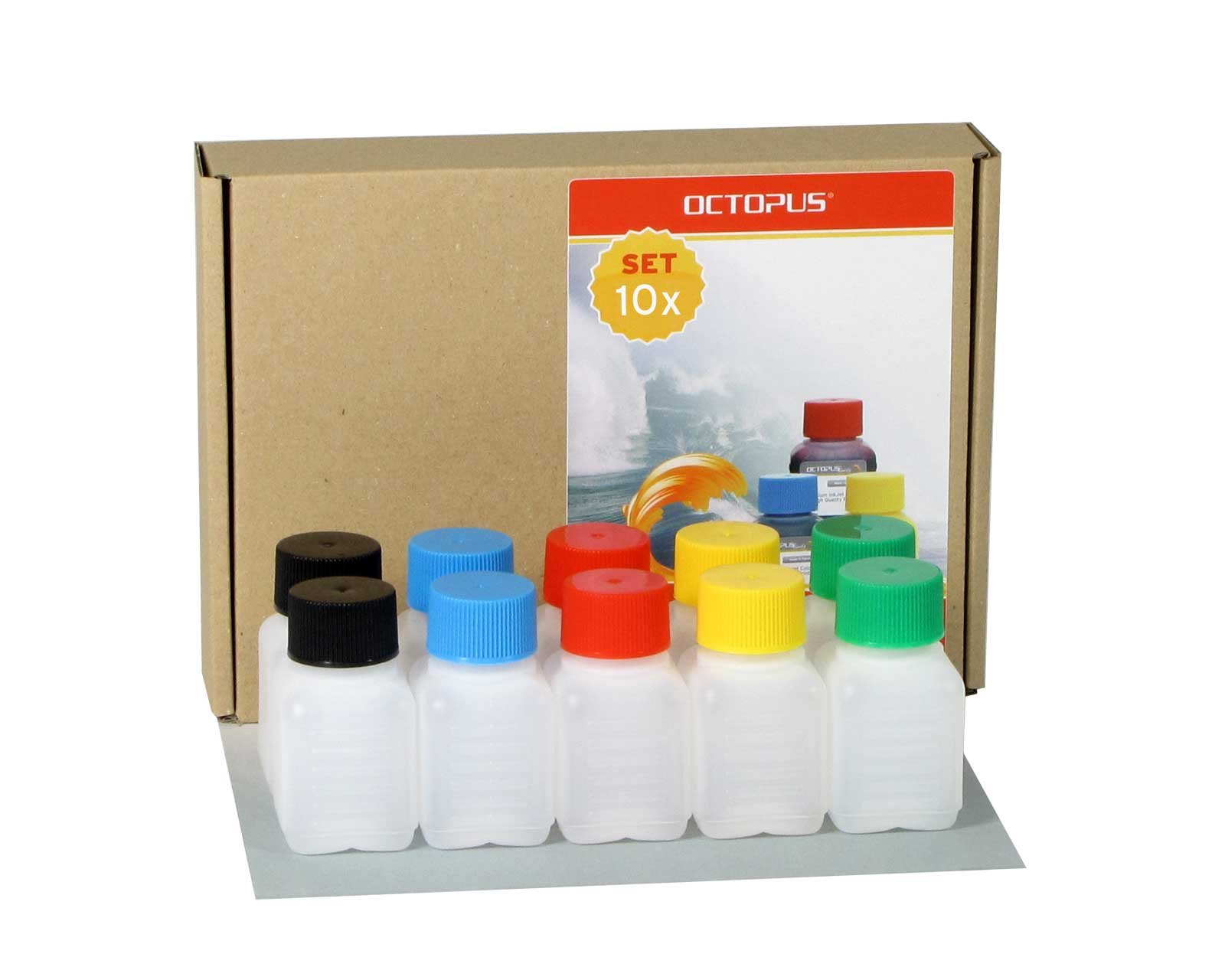Octopus 10 x 50 ml plastic bottles, HDPE plastic bottles with colorful screw caps, empty bottles with colorful screw caps, square bottles incl. 10 labels