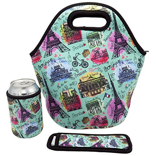 Neoprene Lunch Bag - Insulated Lunch Tote Bags for Women & Girls - Lunch Boxes for Kids & Adults - Adult Lunch Box (Paris Design)