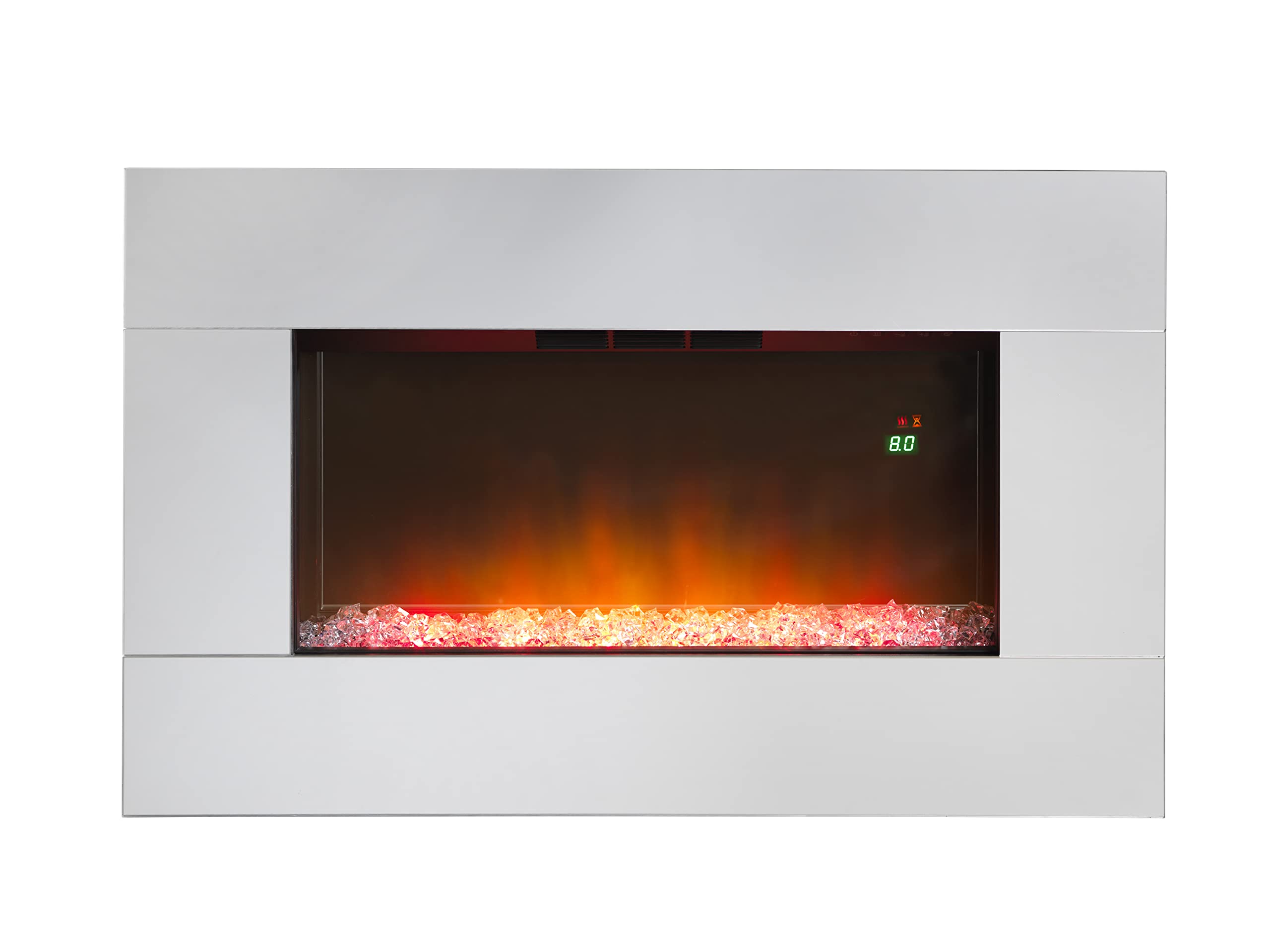 Dimplex Diamantique Optiflame Glass Wall Fire, Silver Mirrored Glass Wall Mounting Electric Fire with Crystal Stone Fuel Bed, Multi-coloured LED Flame Effect, 1.4kW Fan Heater and Remote Control