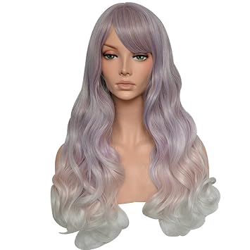 Seikea Ombre Wig Pink Grey For Women Purple Hairpiece Mix Long Wavy Hair With Side Bang