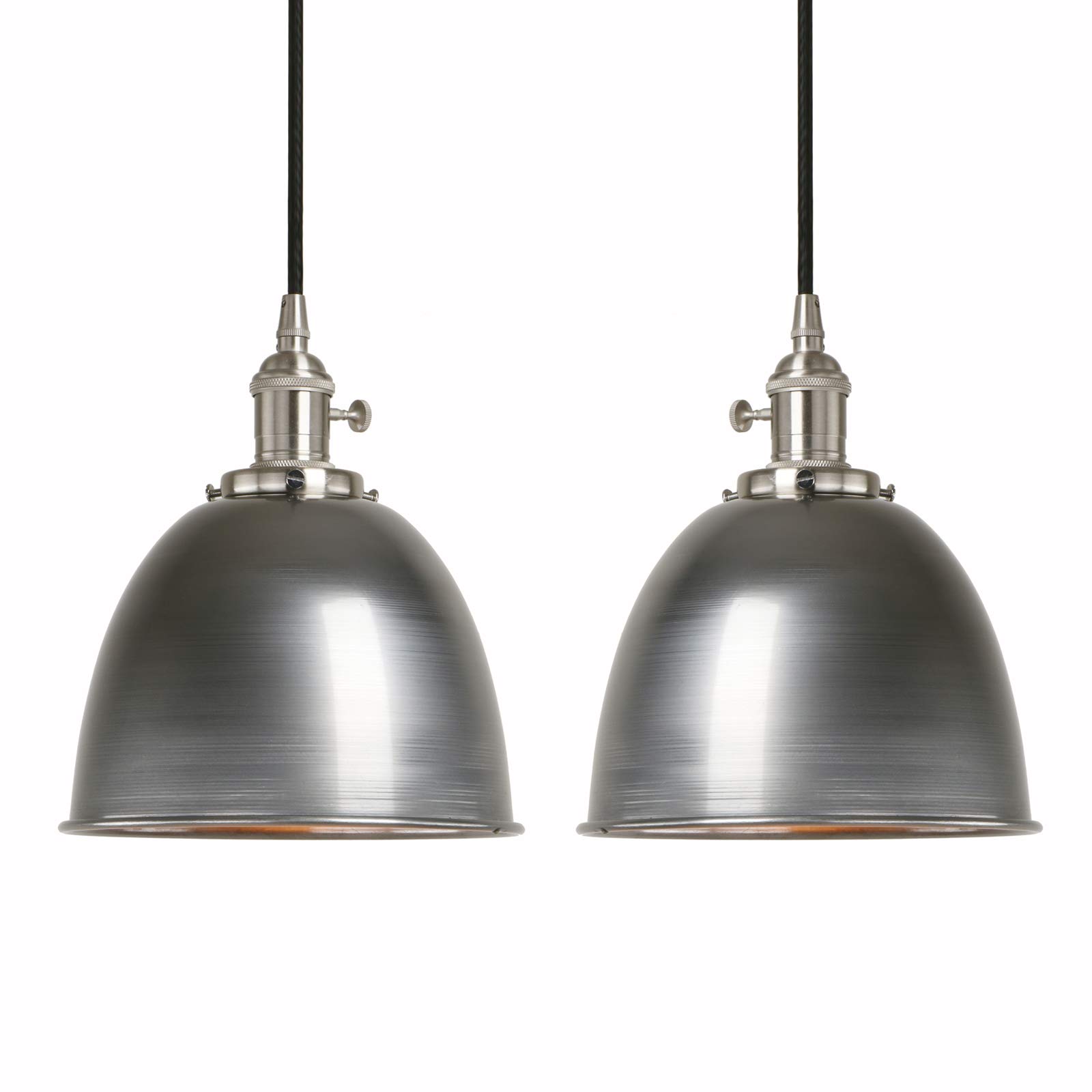 Phansthy Set of 2 Vintage Pendant Light with Switch Metal Dome Lampshade Hanging Lamps Ceiling Fitting Light Fixtures E27 Bulbs Brushed Steel Head Finish (Varnish)