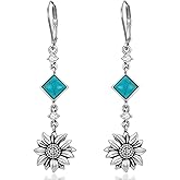 Sunflower Turquoise Earrings 925 Sterling Silver Genuine Turquoise Sunflower Leverback Earrings Jewelry Gift For Women