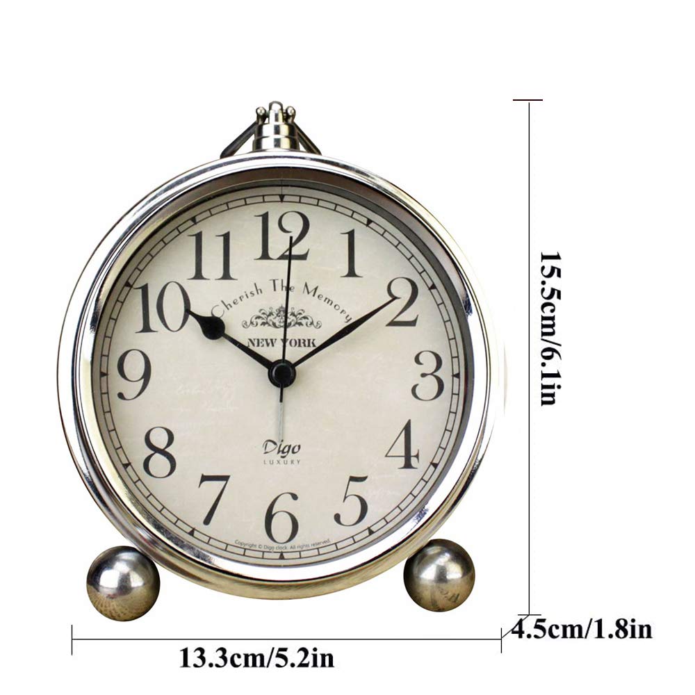 JUSTUP Vintage Table Clock, Iron European Style Desk Clock Battery Operated Non-Ticking Mantle Clock for Home Decor (Silver)